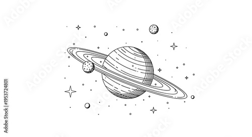 A hand-drawn sketch of the planet Saturn with its rings, surrounded by stars and smaller planets in a space-themed illustration.