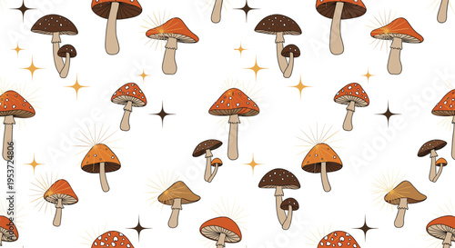 A magical seamless pattern featuring various cute mushrooms and sparkling celestial stars on a clean, simple white background design.