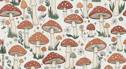 A whimsical seamless pattern of vintage-style fly agaric mushrooms, flowers, and sparkling stars in a muted, earthy color palette.