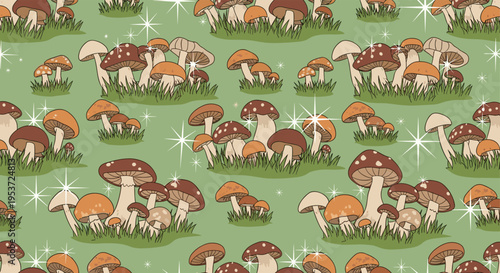 A charming seamless pattern featuring cute mushrooms in a grassy field with sparkling stars on a solid sage green background.