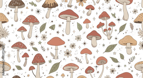 A magical seamless pattern with hand-drawn retro mushrooms, celestial stars, leaves, and flowers on a simple white background.