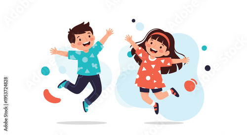 A happy boy and girl jumping in the air with excitement, illustrated in a cheerful, flat cartoon style with colorful abstract shapes.