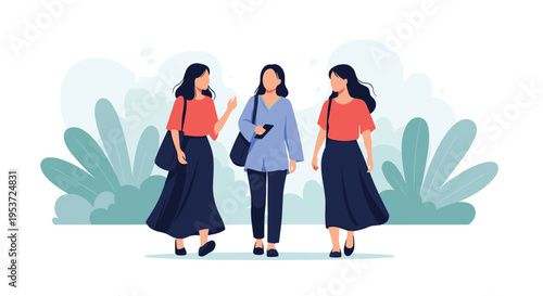 Three stylish women walking and talking together, illustrated in a modern flat design style with abstract foliage in the background.