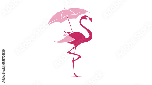 A cartoon flamingo illustration holding an umbrella in pink shades on a white background