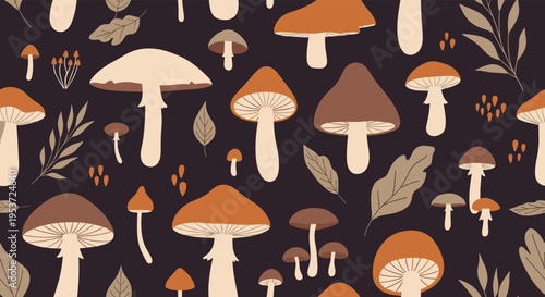 A cozy seamless pattern with various autumn mushrooms and leaves in warm, earthy tones on a dark background for a natural feel.