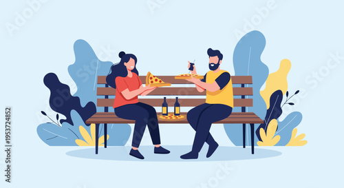 A couple enjoying a romantic pizza date on a park bench, surrounded by lush foliage in a modern flat illustration style.