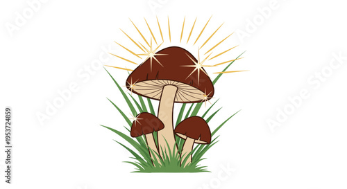 A magical illustration of three brown mushrooms in green grass, with golden sparkles and light rays emanating from the largest one.