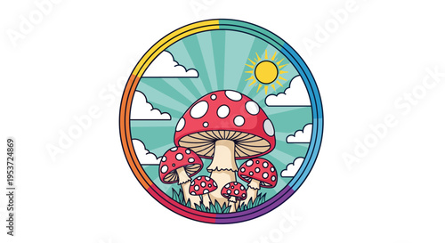 A vibrant cartoon illustration of fly agaric mushrooms in a circular rainbow frame with a sun, clouds, and sky in the background.