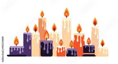 A group of colorful burning candles of various sizes with melting wax, creating a cozy and festive atmosphere for any celebration.
