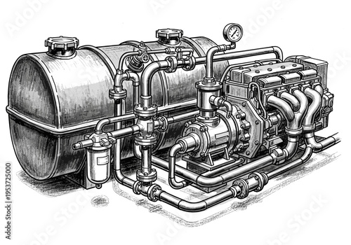 Detailed illustration of a complex industrial engine system with fuel tank and piping