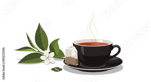 A steaming cup of black tea with a tea bag, saucer, and fresh tea leaves with a white flower, isolated on a plain background.