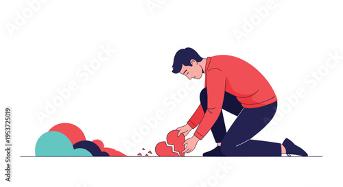 A sad man kneeling on the ground, trying to piece together a broken heart, symbolizing recovery from heartbreak or emotional pain.