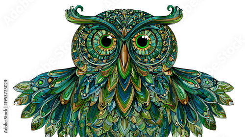 Colorful owl illustration with ornate details, featuring greens, blues, and gold against a white background