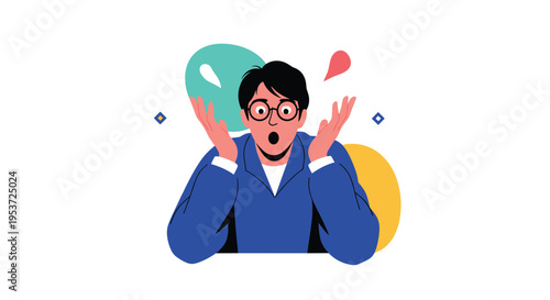 A young man with glasses and a shocked or surprised expression, with his mouth open and hands raised in disbelief or excitement.