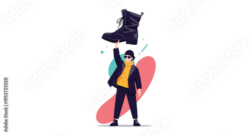 A stylish person in sunglasses and a turtleneck triumphantly holding up a large black combat boot against abstract colorful shapes.