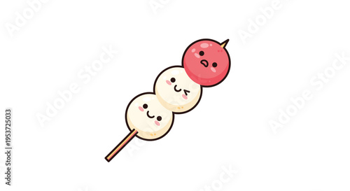 An adorable kawaii-style dango skewer with three cute mochi balls, each with a different sweet facial expression for designs.