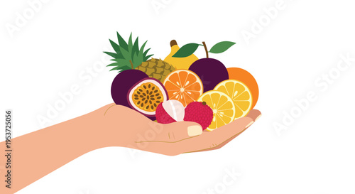 A person's hand holding a variety of fresh tropical fruits, including passion fruit, orange, and lychee, promoting healthy eating.