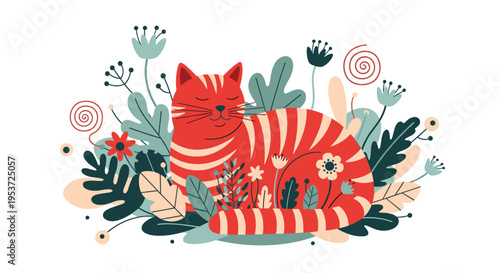 A happy, stylized red tabby cat resting peacefully among a beautiful arrangement of abstract flowers and leaves in a folk art style.