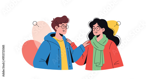 A supportive man gently places his hand on a woman's shoulder, offering comfort, encouragement, or friendship in a kind gesture.