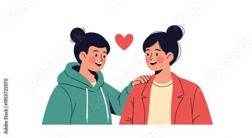 A loving lesbian couple smiling at each other with a heart symbol, showing support and affection in their romantic relationship.