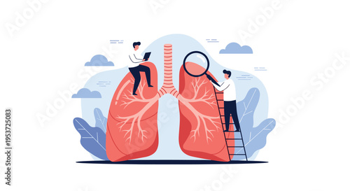 Two doctors examining a large pair of human lungs, one with a magnifying glass, symbolizing respiratory health and medical analysis.