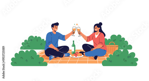 A happy couple enjoying a romantic picnic, toasting with glasses of wine on a blanket surrounded by lush green bushes outdoors.
