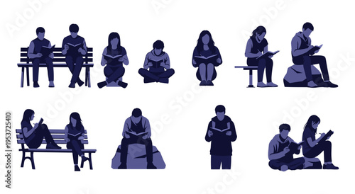 People reading book sitting on bench or floor, silhouette style vector illustration