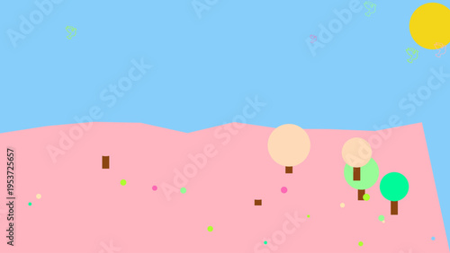 Vector illustration of pink landscape with trees, hot air balloons and sun isolated on Transparent Background