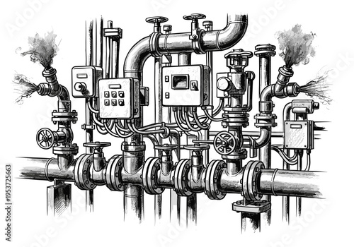 Industrial plumbing system with valves, pipes, and control boxes, emitting steam