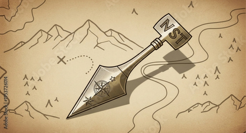 Stylized Compass Rose on a Treasure Map with Mountains.