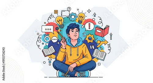 Illustration of a Thoughtful Person Surrounded by Ideas and Creative Elements.