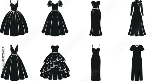 Collection of elegant black dress silhouettes including evening gowns wedding dresses and formal apparel isolated on white background for fashion design and illustration.