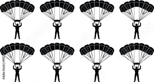 Set of black paragliding and skydiver silhouettes with parachutes isolated on white background for extreme sports adventure leisure and travel vector design.
