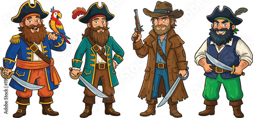 Set of cartoon pirate characters with swords and parrot, captain and buccaneer vector illustration flat design