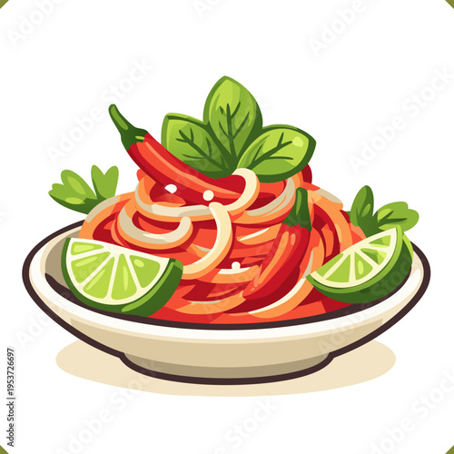Vector illustration of Thai green salad som tum with lime slices, chili peppers, and fresh herbs in a bowl, top view, isolated on a white background