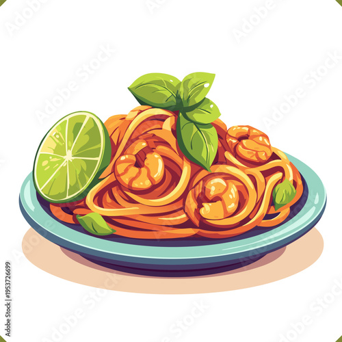 Vector illustration of traditional Thai pad thai noodles with shrimp, lime slices, and green leaves in a bowl, isolated on a white background