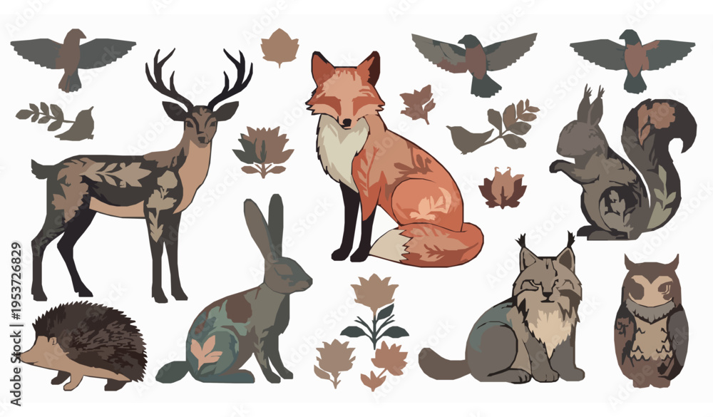 Obraz premium Nordic Folk Art Animals with Floral Patterns Scandinavian Vector Set