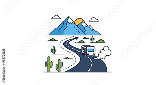 Road Trip Adventure - RV Journey Through Mountainous Desert Landscape.
