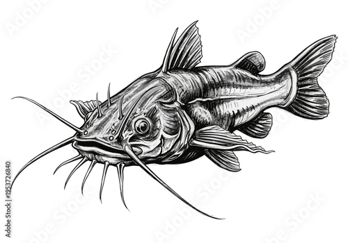 Detailed black and white illustration of a catfish with prominent barbels and fins