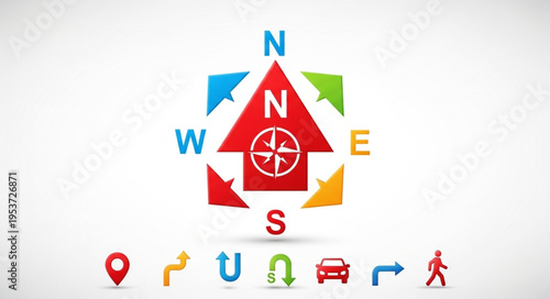 Colorful Compass Rose with Directional Arrows and Navigation Icons.