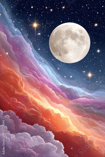 Colorful cosmic moon over rainbow nebula clouds in a starry night sky