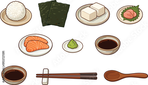 Collection of Japanese food ingredients and sushi components, salmon rice tofu and seaweed flat vector illustration