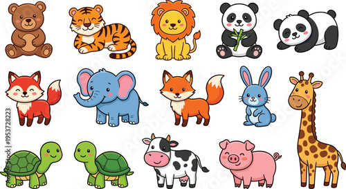 Set of cute cartoon animal stickers including lion, tiger, elephant, giraffe, and farm animals
