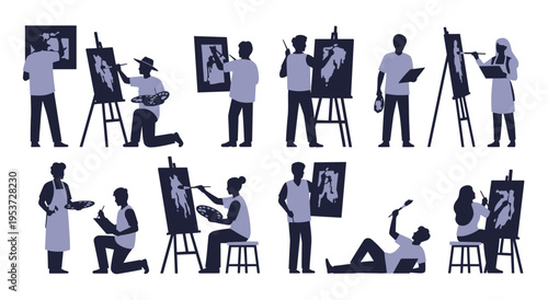 Artists painting on canvas using easel, silhouette style vector illustrations