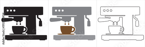 Minimalist espresso machine with cup and dripping coffee illustrated in silhouette, color fill, and outline styles