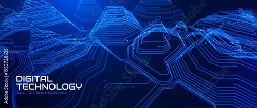 Secure Cyber Network Pattern with Blue Electronic Circuit Lines and Data Flow Elements. Tech Startups, Artificial Intelligence, Futuristic Corporate Branding Backdrop Presentation. Vector.