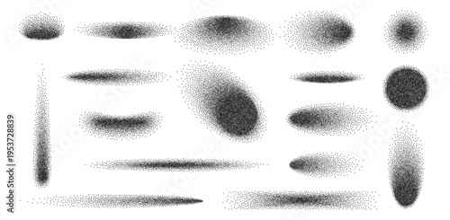 Circle grain shadow with noise effect on white background. Abstract grunge dotted oval gradient shade with black shape element and stipple fade dust. Sand spray effect, vector illustration.