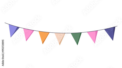 Colorful bunting flags garland for party decoration, flat vector illustration isolated on white. Party triangular flags hanging on a string. Colorful bunting garland for birthday and celebration.