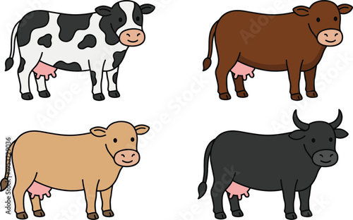Set of four diverse dairy cow and bull characters, farm animal collection, vector illustration