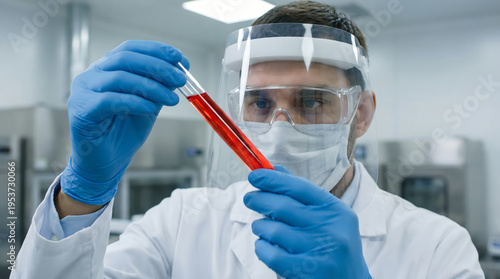Scientist Holding Red Liquid in Test Tube Wearing Protective Lab Gear